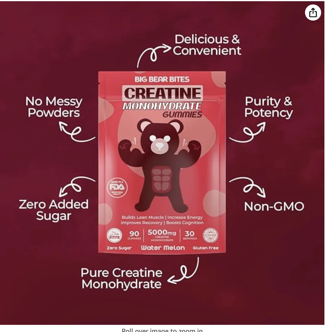 Creatine Monohydrate Gummies | 5000Mg of Creatine Gummies per Serving | Sugar Free Gummies, Gluten Free & Halal | Pack of 90 Pre Workout Gummies for Muscle Recovery | Watermelon Flavor
