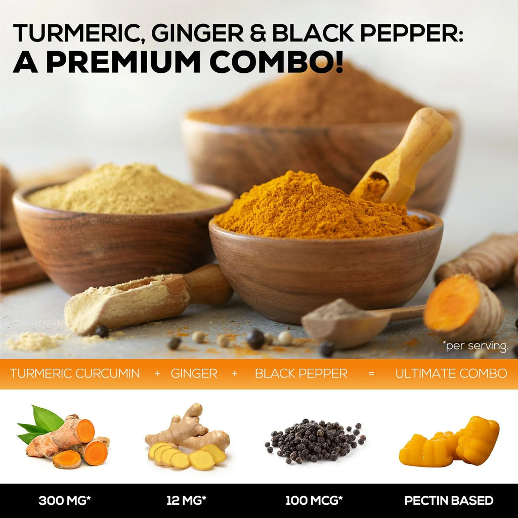 Turmeric Supplement Gummies - Turmeric Curcumin and Ginger Gummies with Black Pepper Extract for High Absorption, Nature'S Curcumin Gummy for Joint Support, Non-Gmo, Gluten Free - 60 Turmeric Gummies