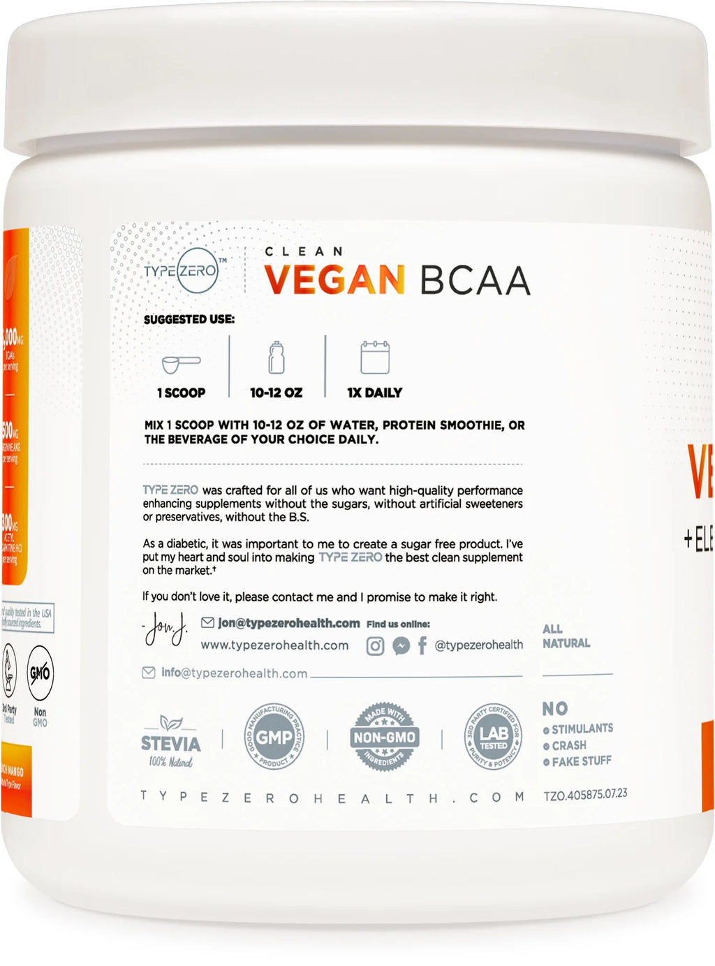 Clean Vegan BCAA Powder + Electrolytes (Peach Mango) (30 Servings) - Sugar-Free Amino Acid Supplement for Women and Men - Post Workout Recovery Drink with Stevia
