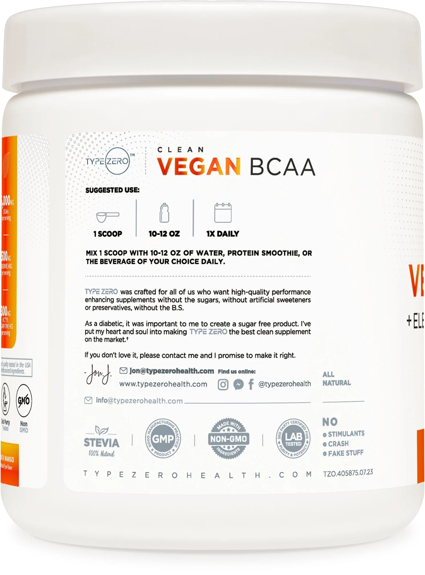 Clean Vegan BCAA Powder + Electrolytes (Peach Mango) (30 Servings) - Sugar-Free Amino Acid Supplement for Women and Men - Post Workout Recovery Drink with Stevia