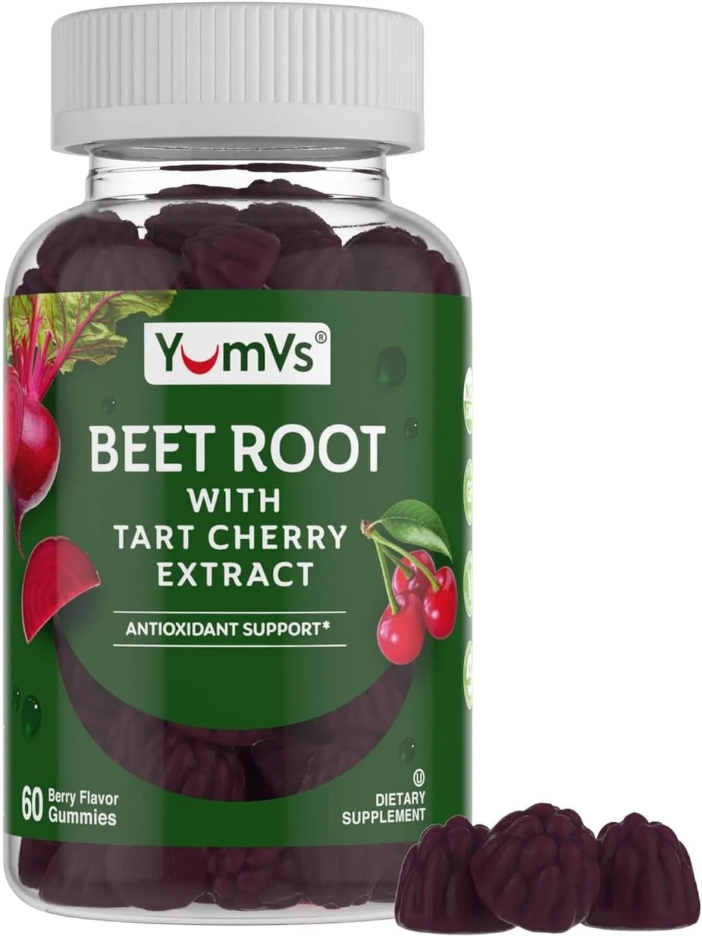 Yum-V’S Beet Root Gummies with Tart Cherry Extract for Blood Circulation and Antioxidant Support, Berry Flavor 60 Count