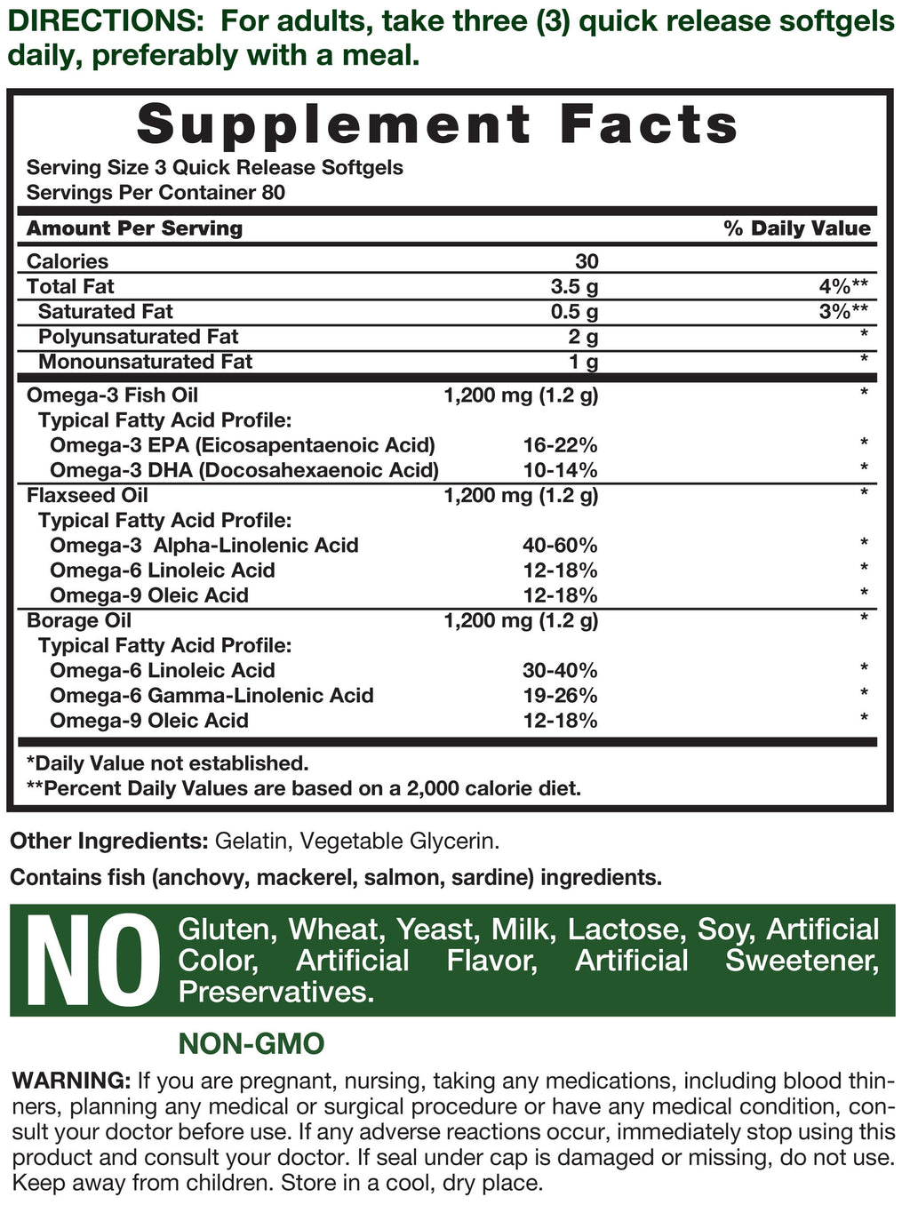 Triple Omega 3-6-9 240 Softgels | from Fish, Flaxseed, Borage Oils | Non-Gmo & Gluten Free | by