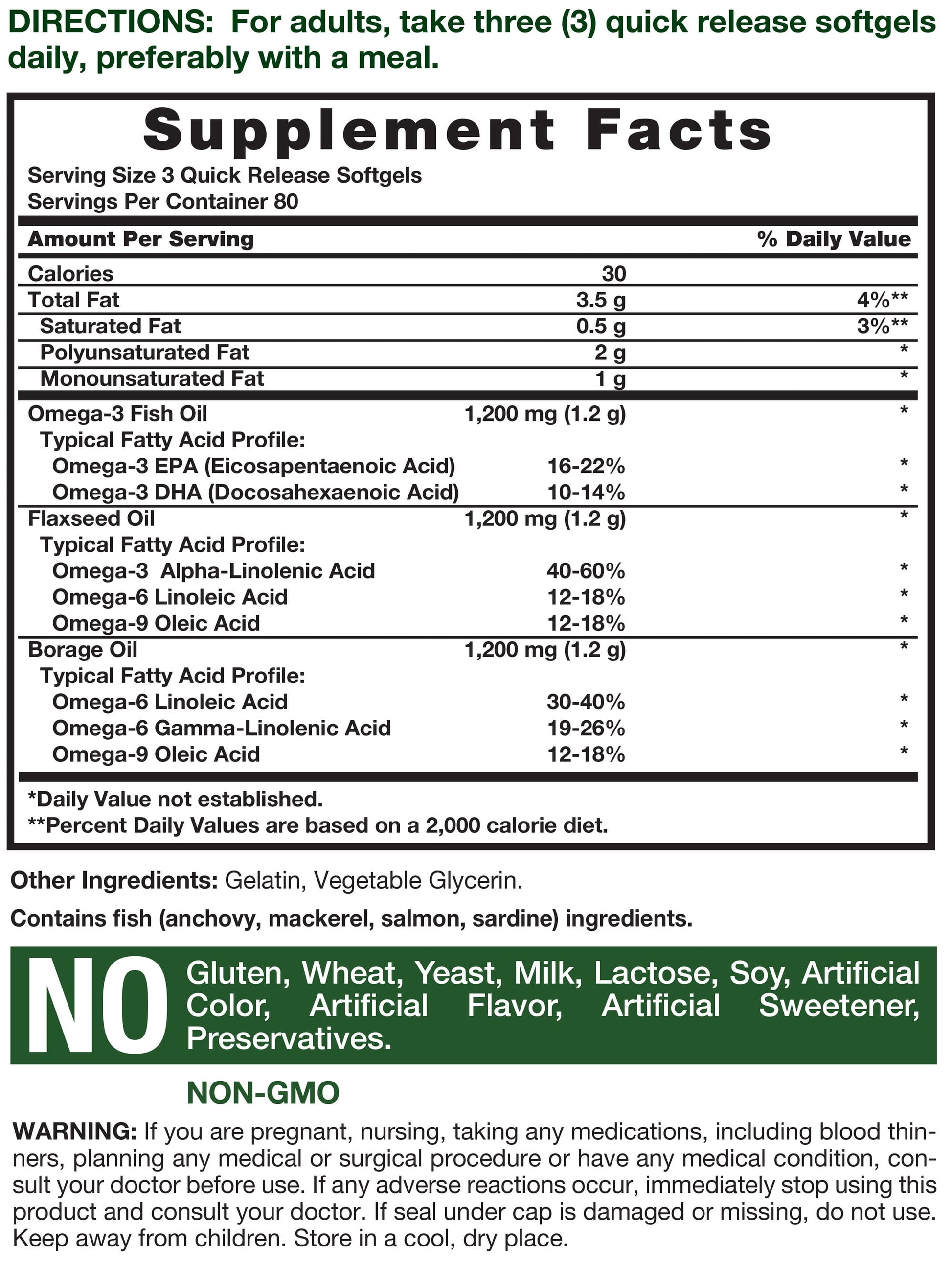 Triple Omega 3-6-9 240 Softgels | from Fish, Flaxseed, Borage Oils | Non-Gmo & Gluten Free | by
