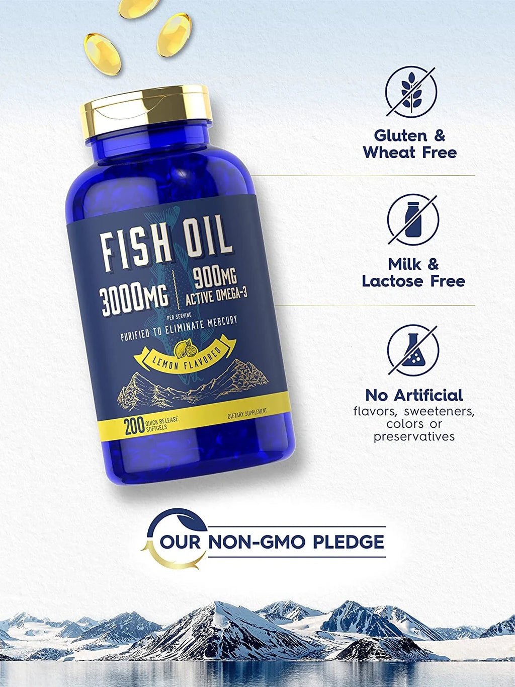 Fish Oil 3000Mg | 900Mg Omega 3 | 200 Softgels | Lemon Flavor | Non-Gmo and Gluten Free Supplement