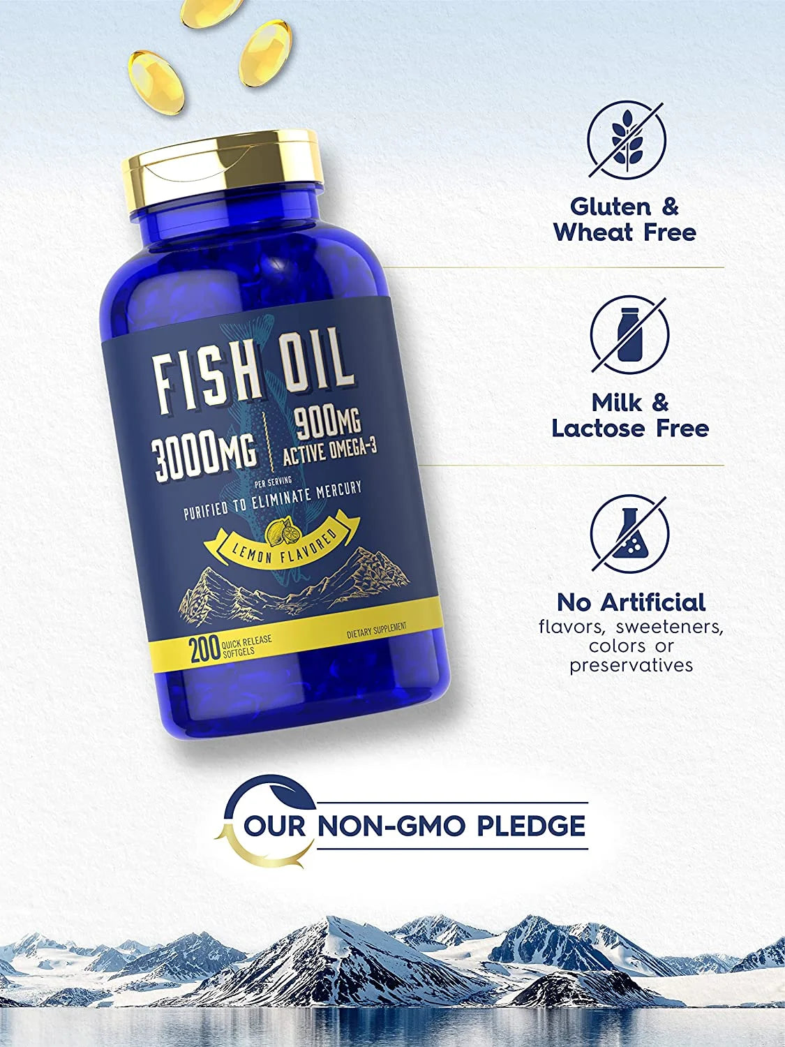 Fish Oil 3000Mg | 900Mg Omega 3 | 200 Softgels | Lemon Flavor | Non-Gmo and Gluten Free Supplement
