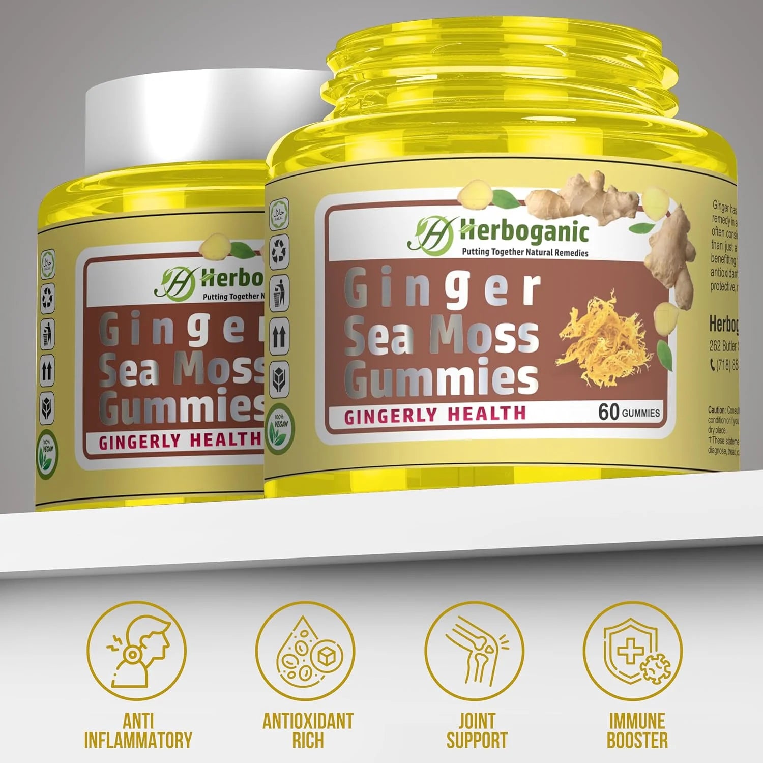 Ginger Sea Moss Gummies - Immune & Digestive Support, Gluten-Free & Vegan - 60 Count