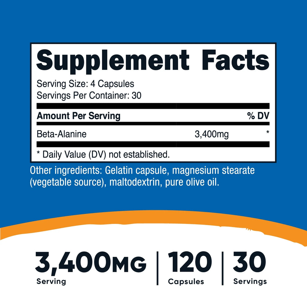 Beta-Alanine Supplement 120 Capsules, 30 Servings, 3,400Mg per Serving