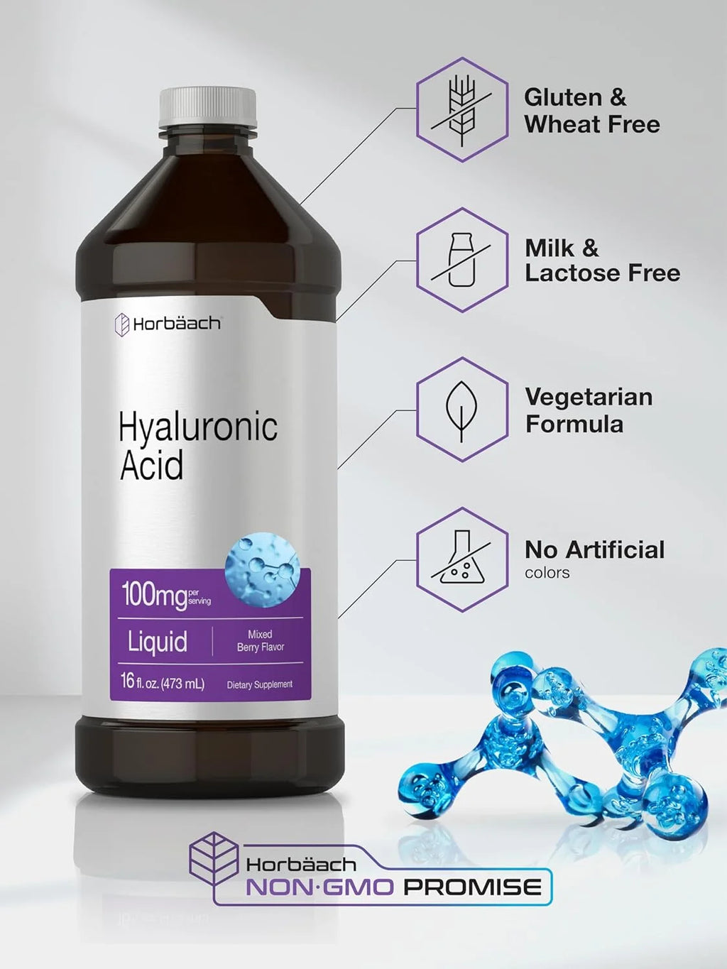 Liquid Hyaluronic Acid Supplement | 100 Mg | 16 Oz | Mixed Berry Flavor | by