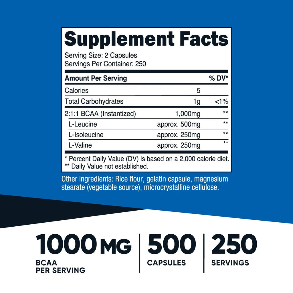 BCAA 1000Mg, 500 Capsules (250 Serv), Branched Chain Amino Acids