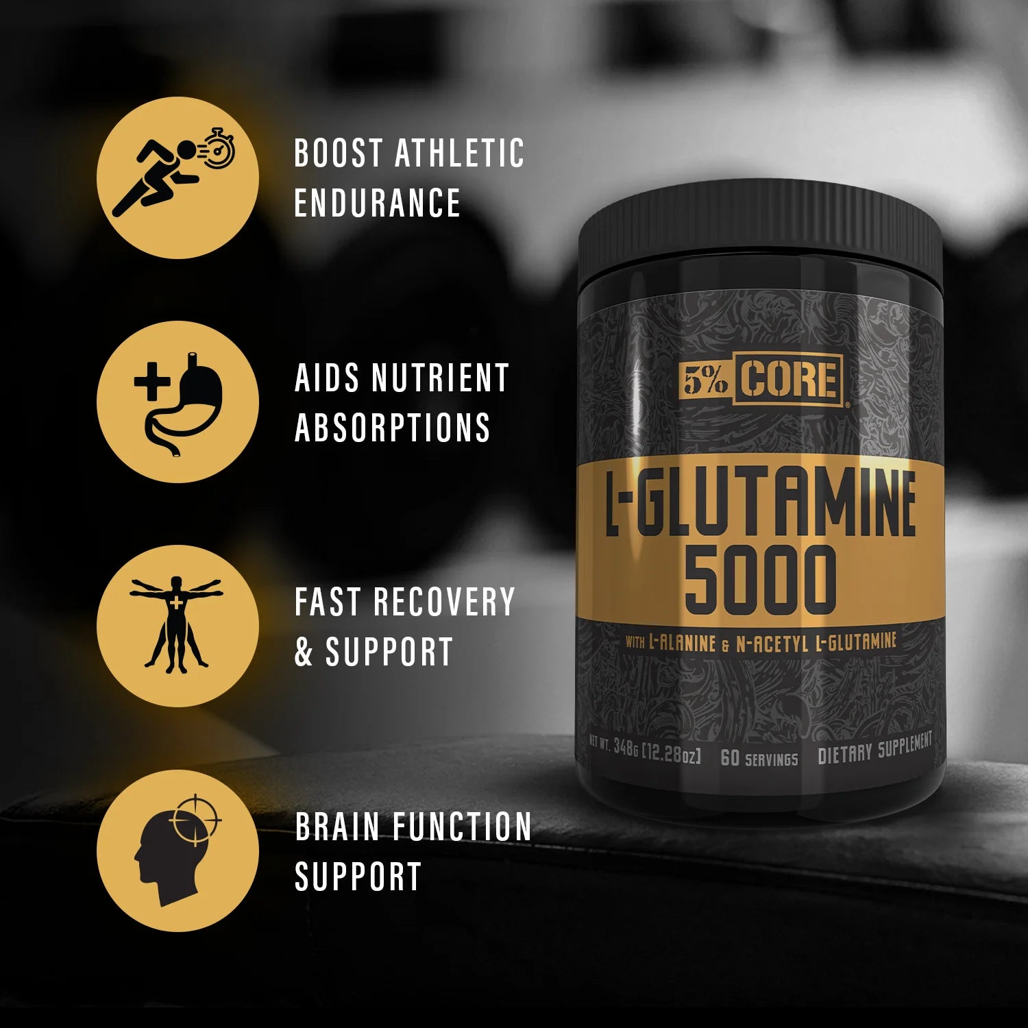 Core L-Glutamine 5000 Supplement W/L-Alanine | Immune & Digestive Support | Amino Acid Muscle Builder Post Workout Recovery | Unflavored (60 Servings)