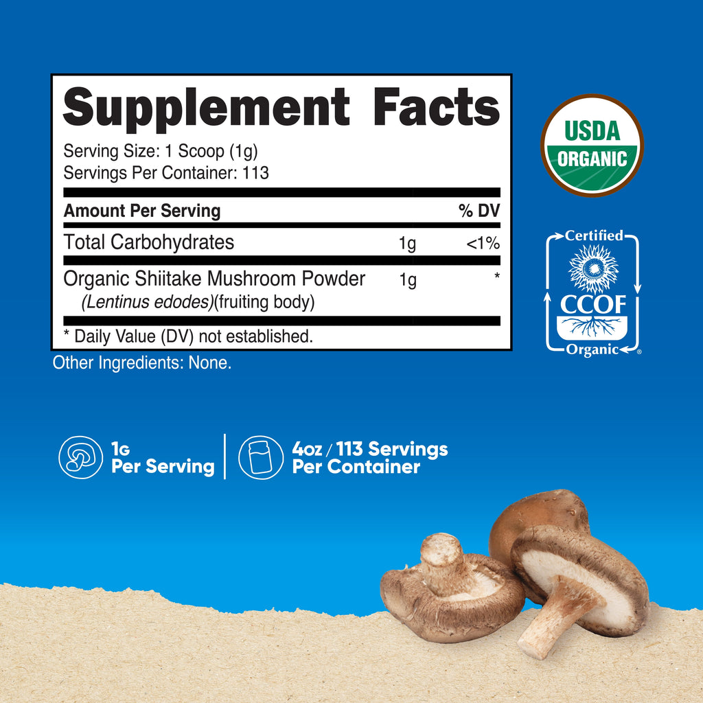 Organic Shiitake Mushroom Powder 4 Oz (113 Servings) - Non-Gmo Supplement