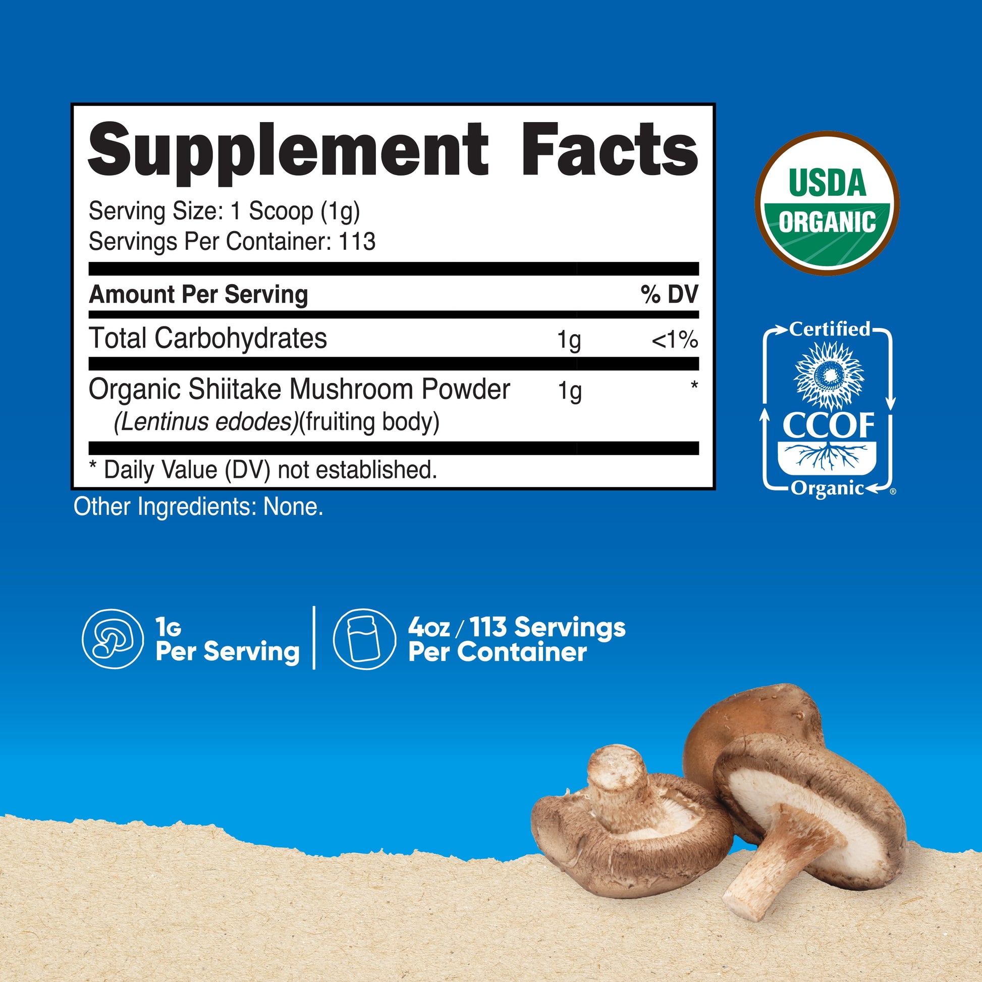 Organic Shiitake Mushroom Powder 4 Oz (113 Servings) - Non-Gmo Supplement