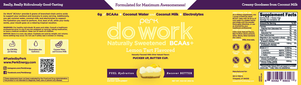Do Work Bcaas + Hydration Electrolytes Powder (Naturally Sweetened Lemon Tart Flavored, 20 Servings) - with Coconut Water & Coconut Milk