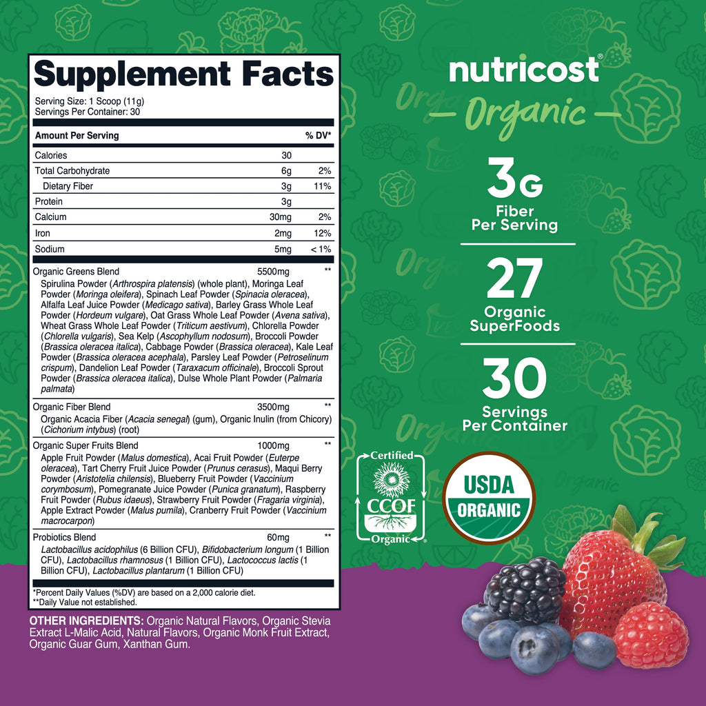 Organic Super Greens Powder (30 Servings) Mixed Berry Flavor - Superfood Supplement Drink Mix