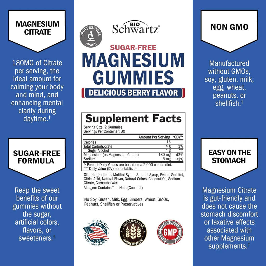 Sugar-Free Magnesium Citrate Gummies, Supports Healthy Nerves Muscles Gummies, Berry Flavored, 60 Count