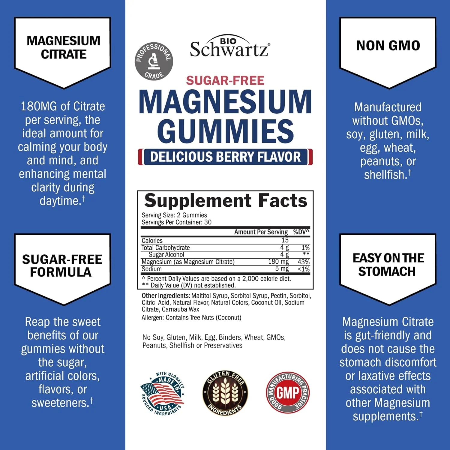 Sugar-Free Magnesium Citrate Gummies, Supports Healthy Nerves Muscles Gummies, Berry Flavored, 60 Count