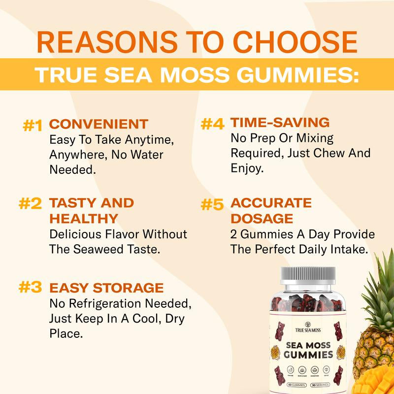 Trueseamoss Sea Moss Gummies – with Burdock Root & Bladderwrack – Non-Gmo, 60 Gummies – Rich in Minerals & Vitamins – Supports Immunity, Improves Digestion, Boosts Energy, Promotes Skin & Hair Health