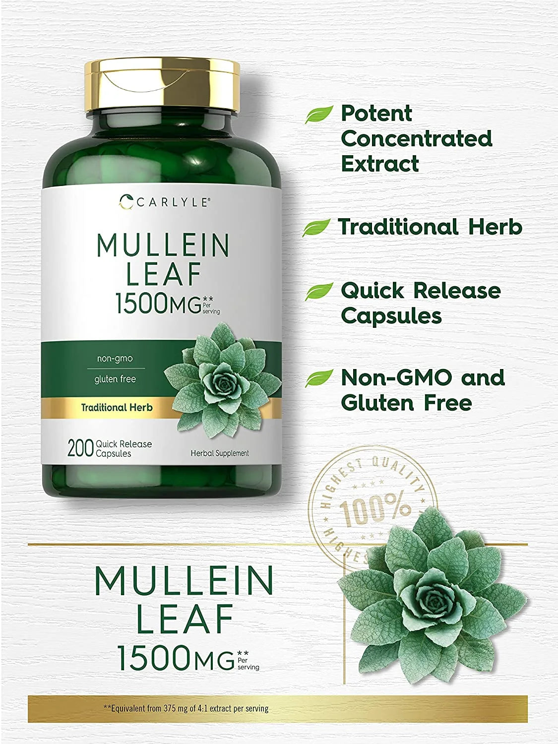Mullein Leaf Extract 1500Mg | 200 Capsules for Men and Women | Verbascum Thapsus | by