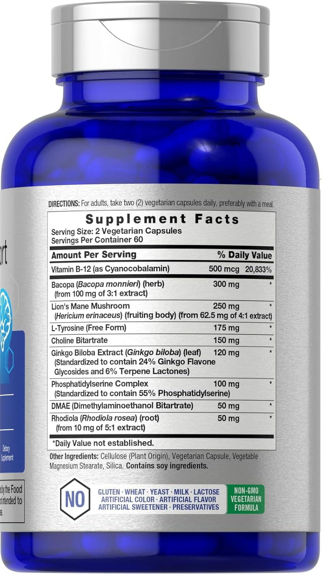 Brain Support Supplement | 120 Capsules | Vegetarian Formula for Men and Women | by