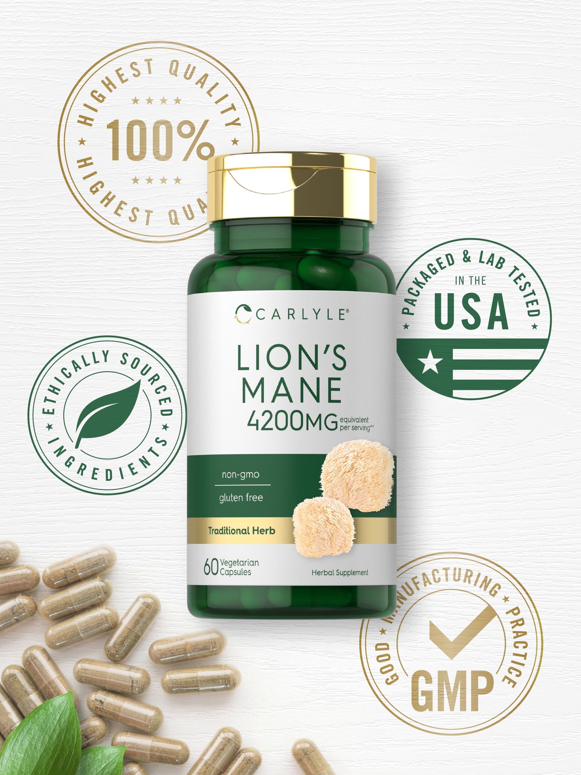 Lions Mane Supplement Capsules | 4200Mg | 60 Count | Vegetarian, Non-Gmo & Gluten Free | by