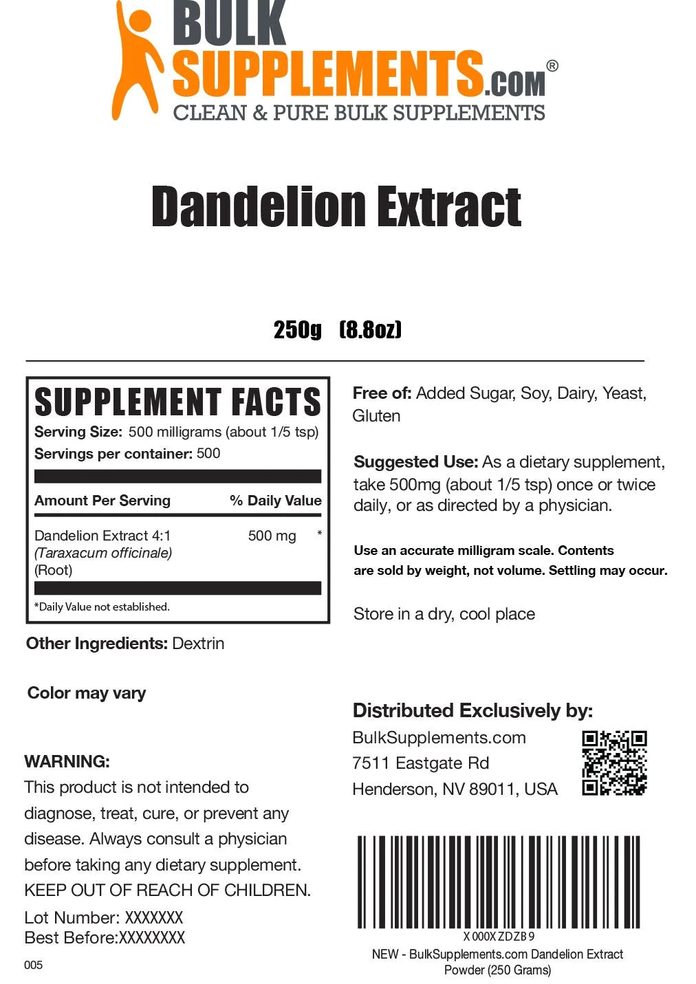 Bulksupplements Dandelion Extract Powder - 500Mg per Serving - 250 Grams (8.8 Oz) - 500 Servings