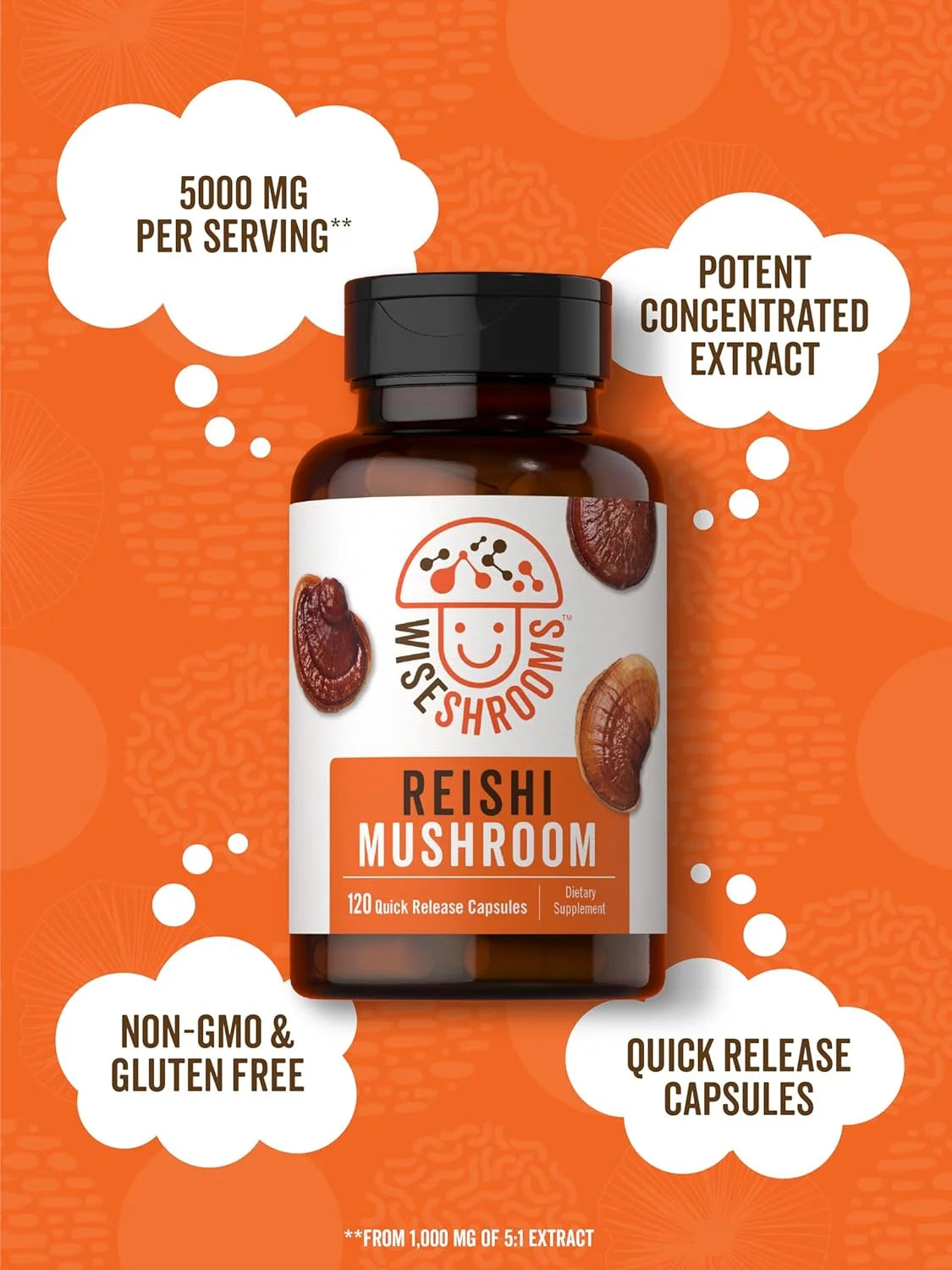 Reishi Mushroom Capsules 5000 Mg | 120 Count | Non-Gmo and Gluten Free Extract Supplement | Wiseshroom by