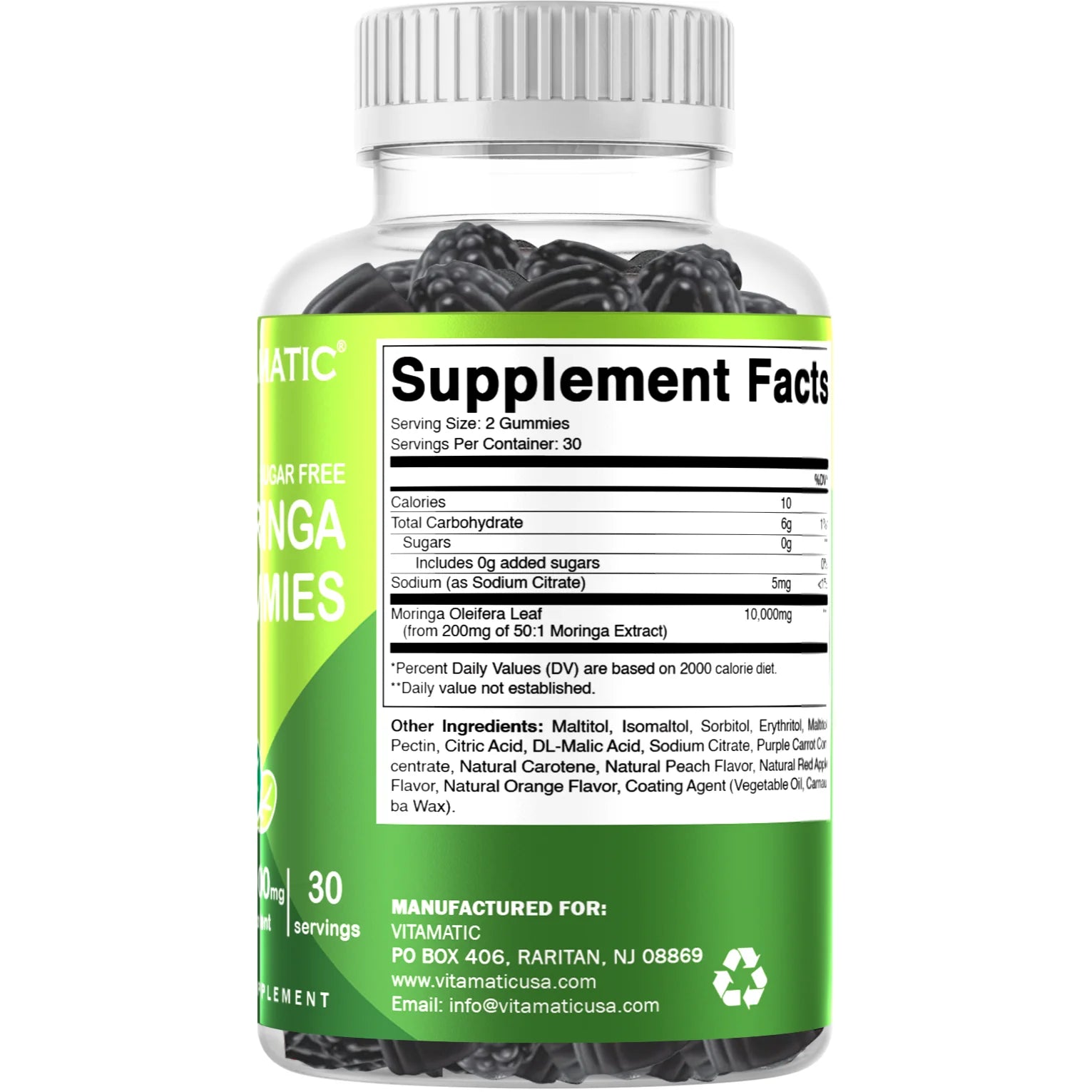 Sugar Free Moringa Gummies - 10000 Mg Equivalent per Serving - Complete Green Superfood - 60 Pectin Based Gummies