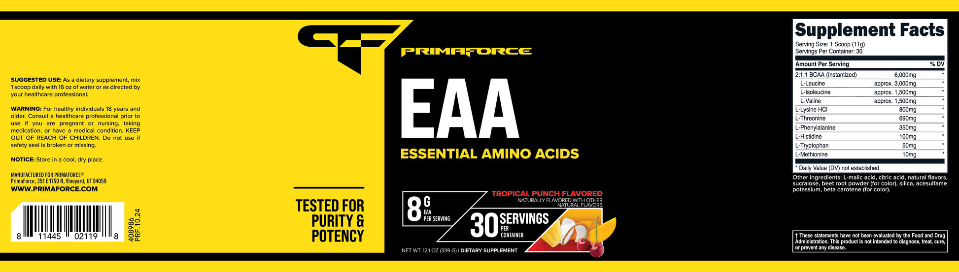 EAA Powder (30 Servings, Tropical Punch) - Essential Amino Acids for Pre/Intra Workout and Recovery - Non-Gmo and Gluten Free