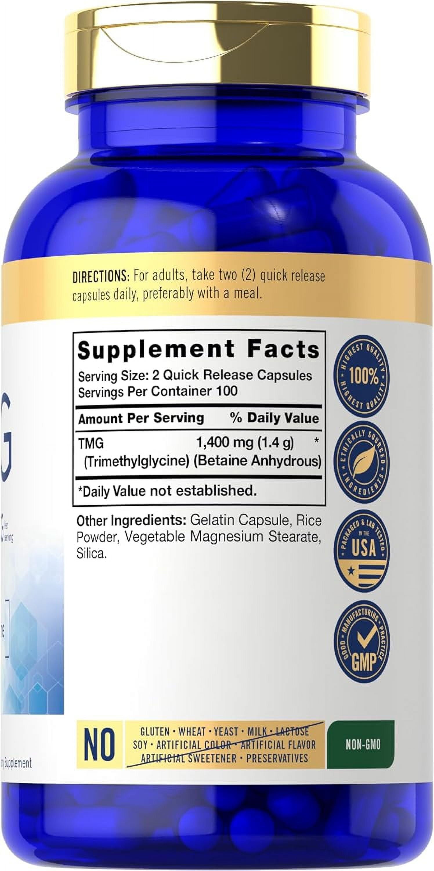 TMG Supplement | 1400Mg | 200 Trimethylglycine Quick Release Capsules | Non-Gmo & Gluten Free | by
