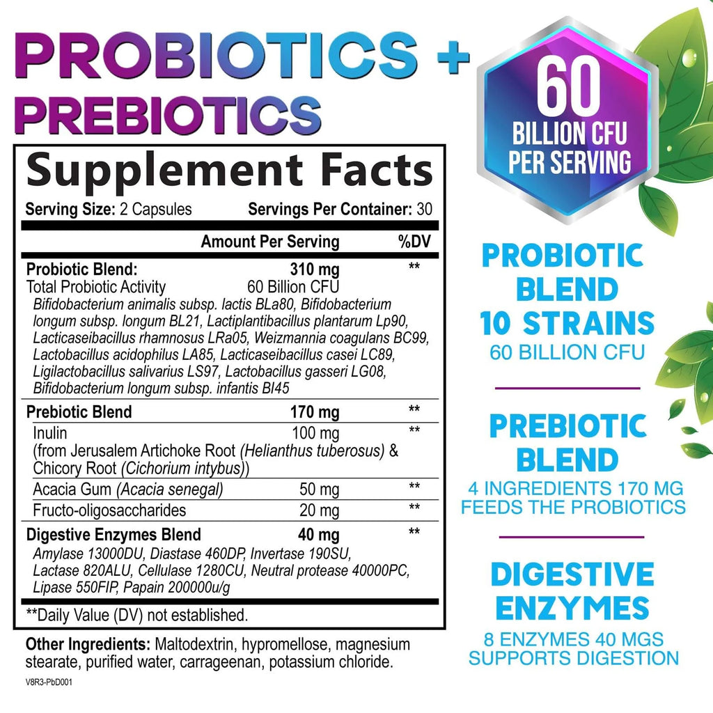 Daily Probiotic for Women & Men 60 Billion CFU 10 Strains Supplement Lactobacillus Probiotics - Digestive Gut & Immune Health Support - Supports Occasional Constipation, Gas & Bloating - 60 Capsules