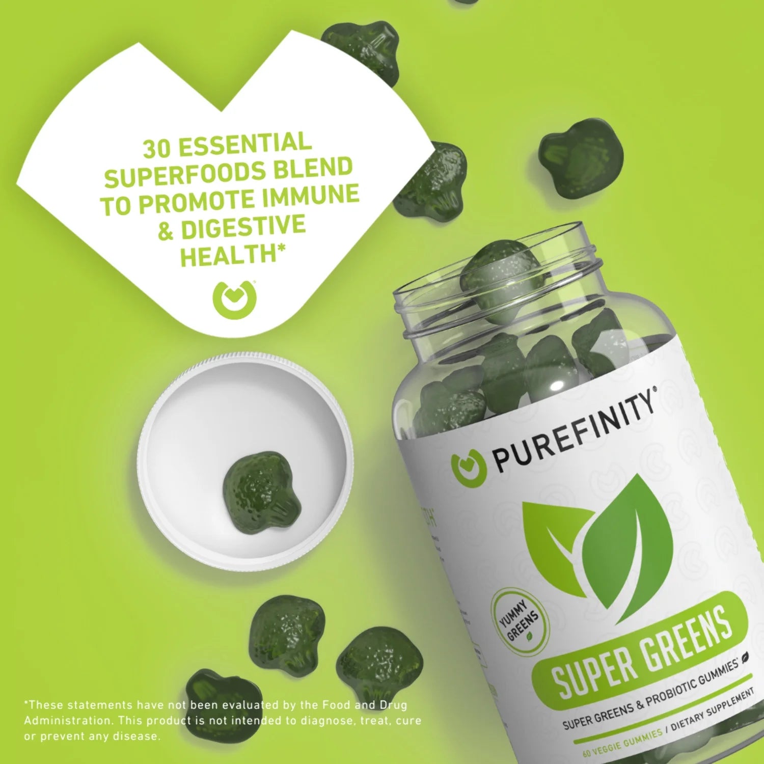 Spirulina Gummies – Daily Greens with Alfalfa, Spinach, Broccoli, Beet Root, Acai, Inulin Prebiotic Fiber, Super Greens Veggie Gummies – Non-Gmo, Gluten Free, Vegan – 60 Gummies