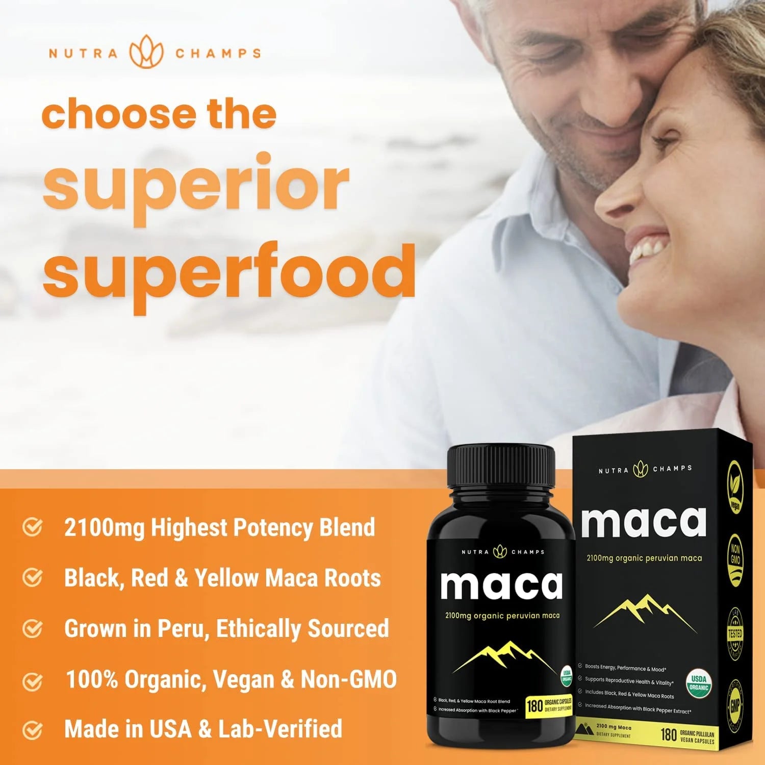 Organic Maca Root Capsules for Women & Men 2100Mg | 180 Vegan Maca Capsules with Black, Red & Yellow Peruvian Maca Root Powder & Black Pepper Extract | Maca Supplement for Improved Energy