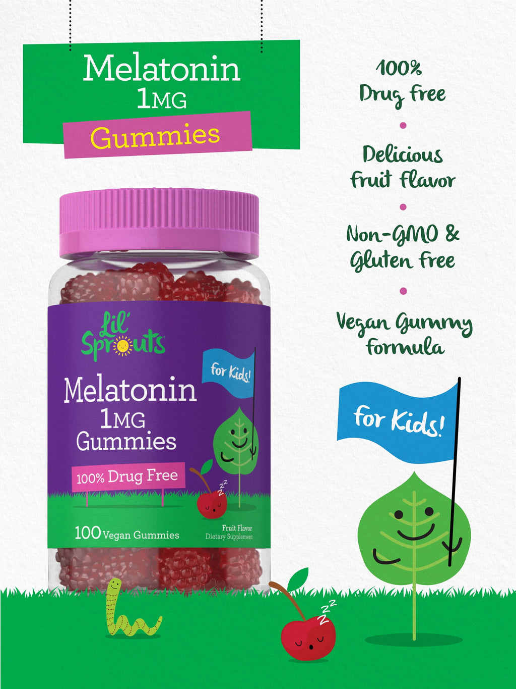 Kids Melatonin Gummies | 1 Mg 100 Count | Fruit Flavor Gummy | Vegan, Non-Gmo, Gluten Free | Lil Sprouts by