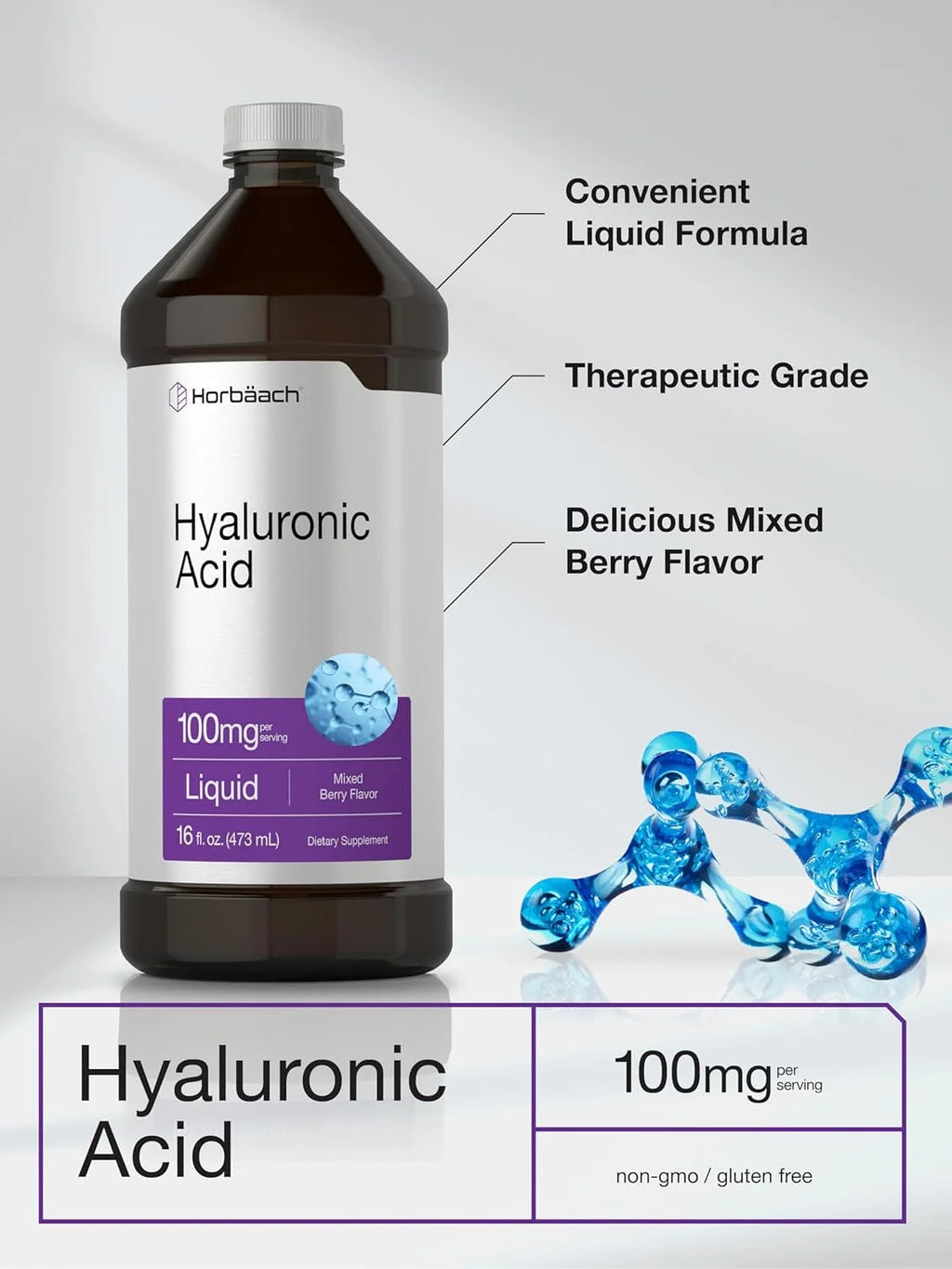 Liquid Hyaluronic Acid Supplement | 100 Mg | 16 Oz | Mixed Berry Flavor | by