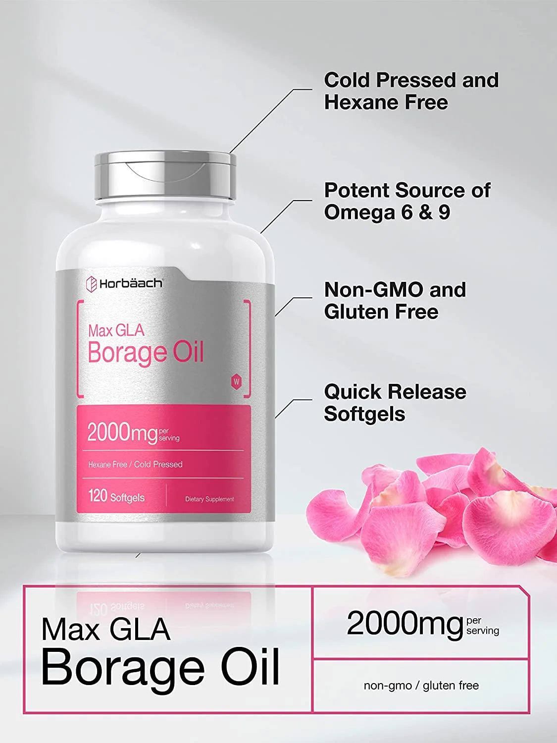 Borage Oil Capsules 2000 Mg | 120 Softgels | 380Mg of GLA | by