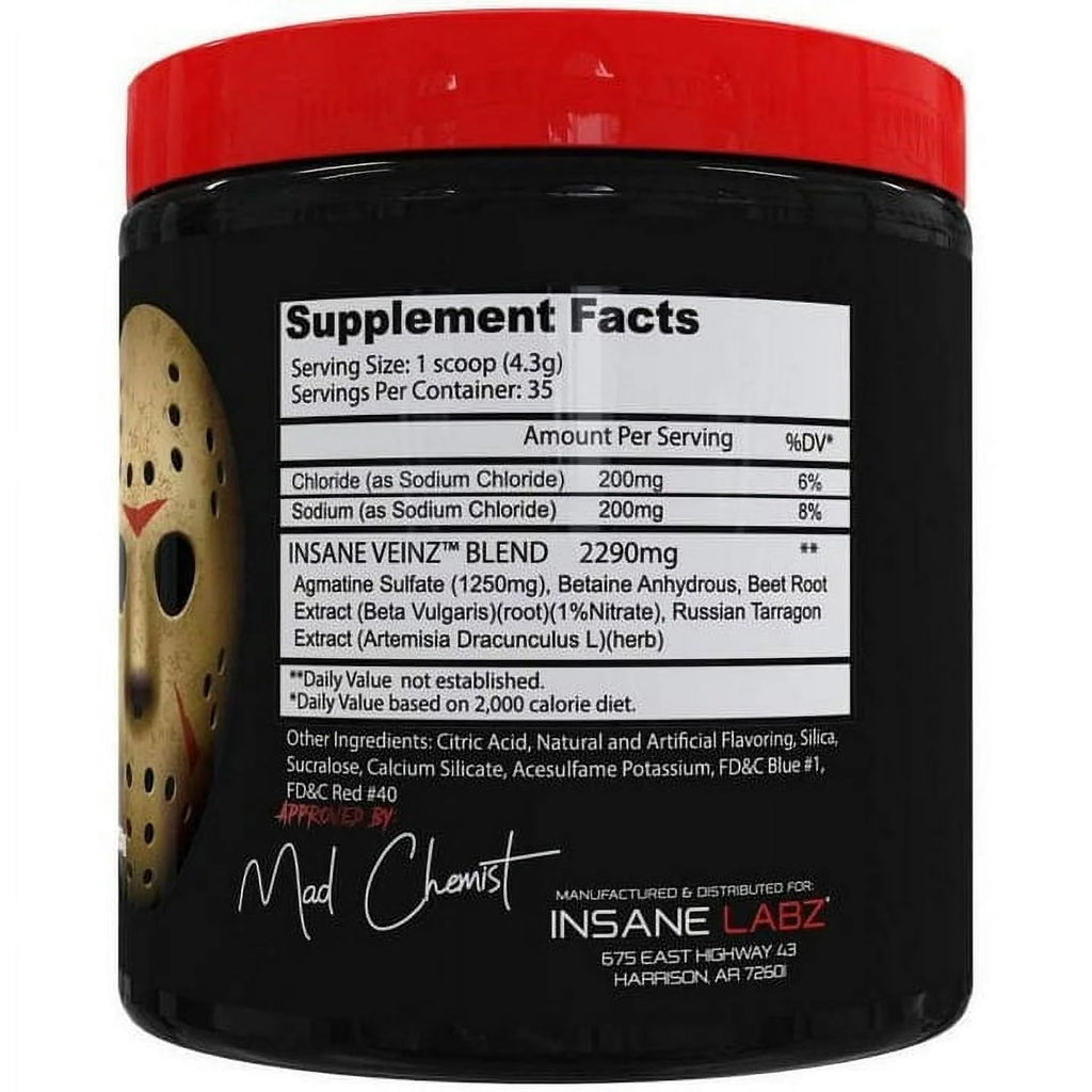 Insane Veinz Non Stimulant NO Enhancing Powder, Nitric Oxide Booster, Loaded with Agmatine Sulfate and Betaine Anhydrous, Increase Vascularity, 35 Srvgs, Blue Raspberry