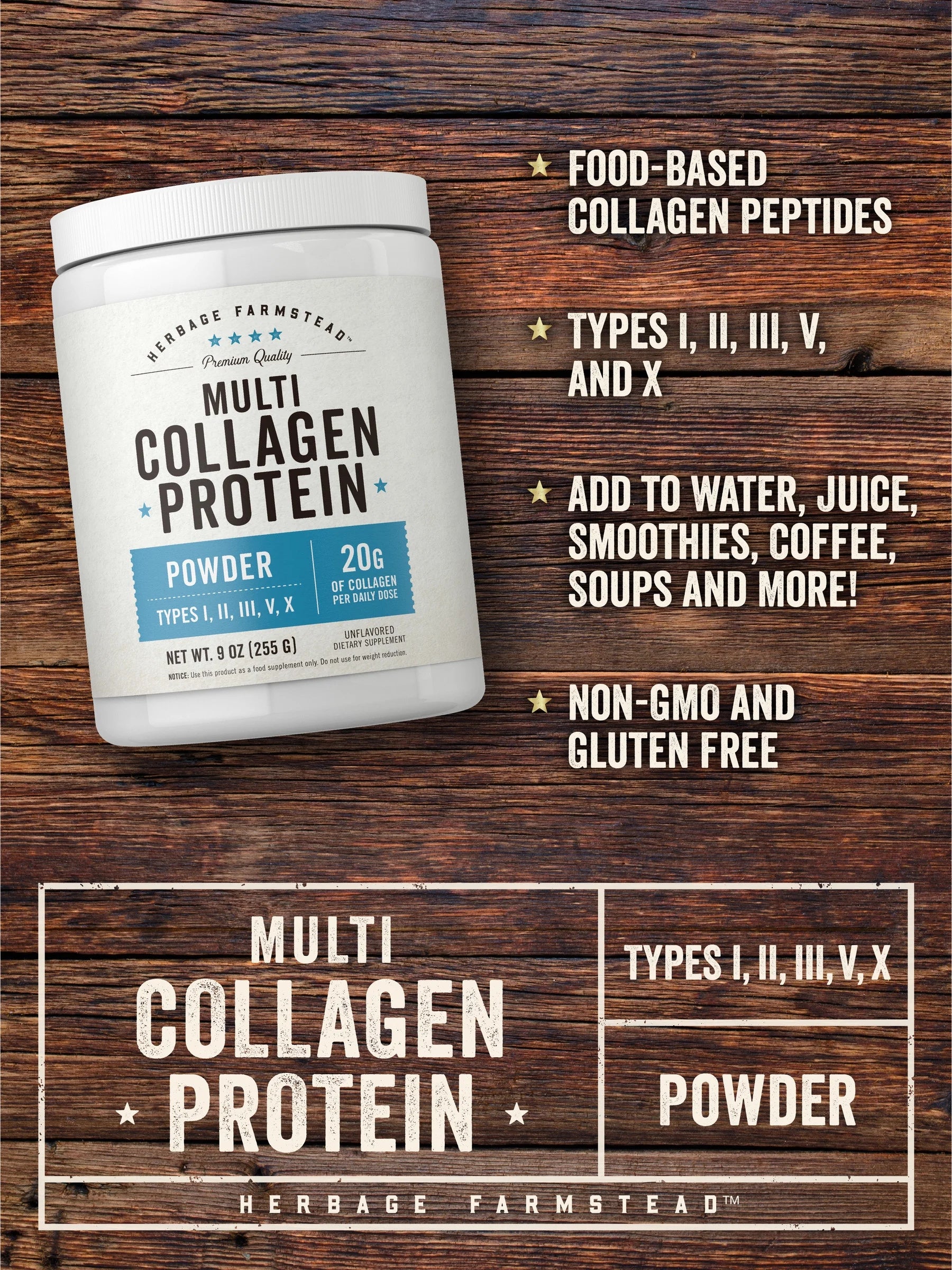 Multi Collagen Protein Powder | 9Oz | Unflavored | Types I, II, III, V, X | by Herbage Farmstead