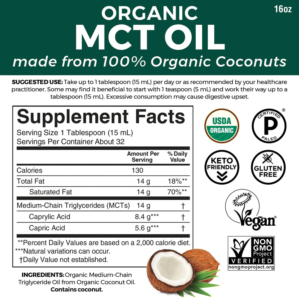 Organic MCT Oil with C8 and C10 Fatty Acids, 16 Fl Oz