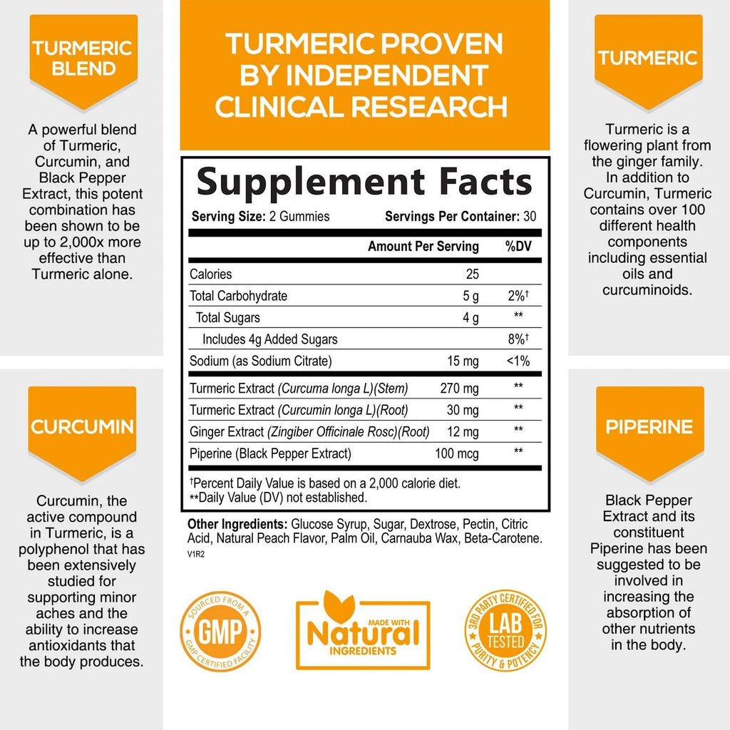 Turmeric Supplement Gummies - Turmeric Curcumin and Ginger Gummies with Black Pepper Extract for High Absorption, Nature'S Curcumin Gummy for Joint Support, Non-Gmo, Gluten Free - 60 Turmeric Gummies