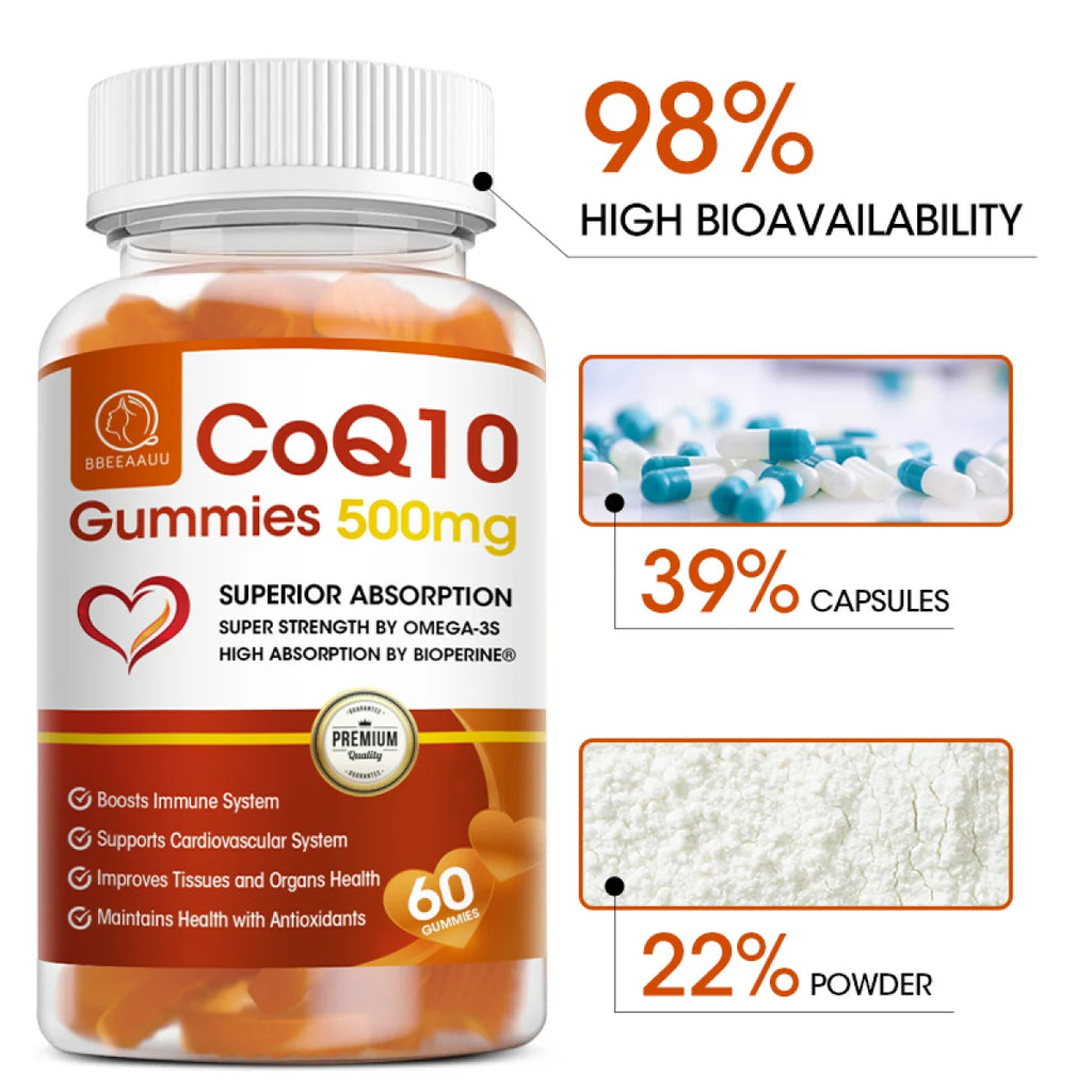 COQ10 Gummies Supplement, Ultra High Absorption Coq10 500Mg, Support Heart Health, Gluten Free (60 Veg Gummies)
