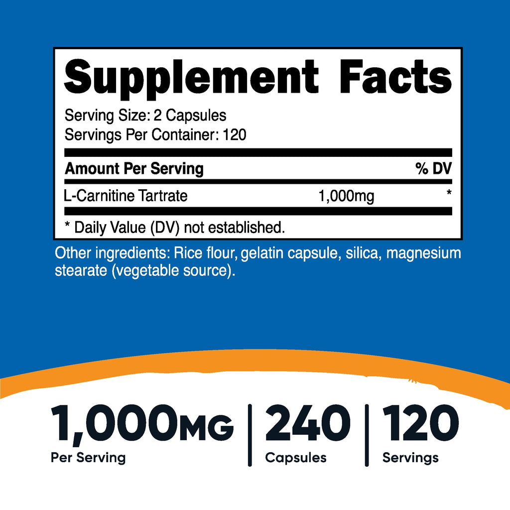L-Carnitine Tartrate Supplement 500Mg, 240 Capsules, 1000Mg per Serving