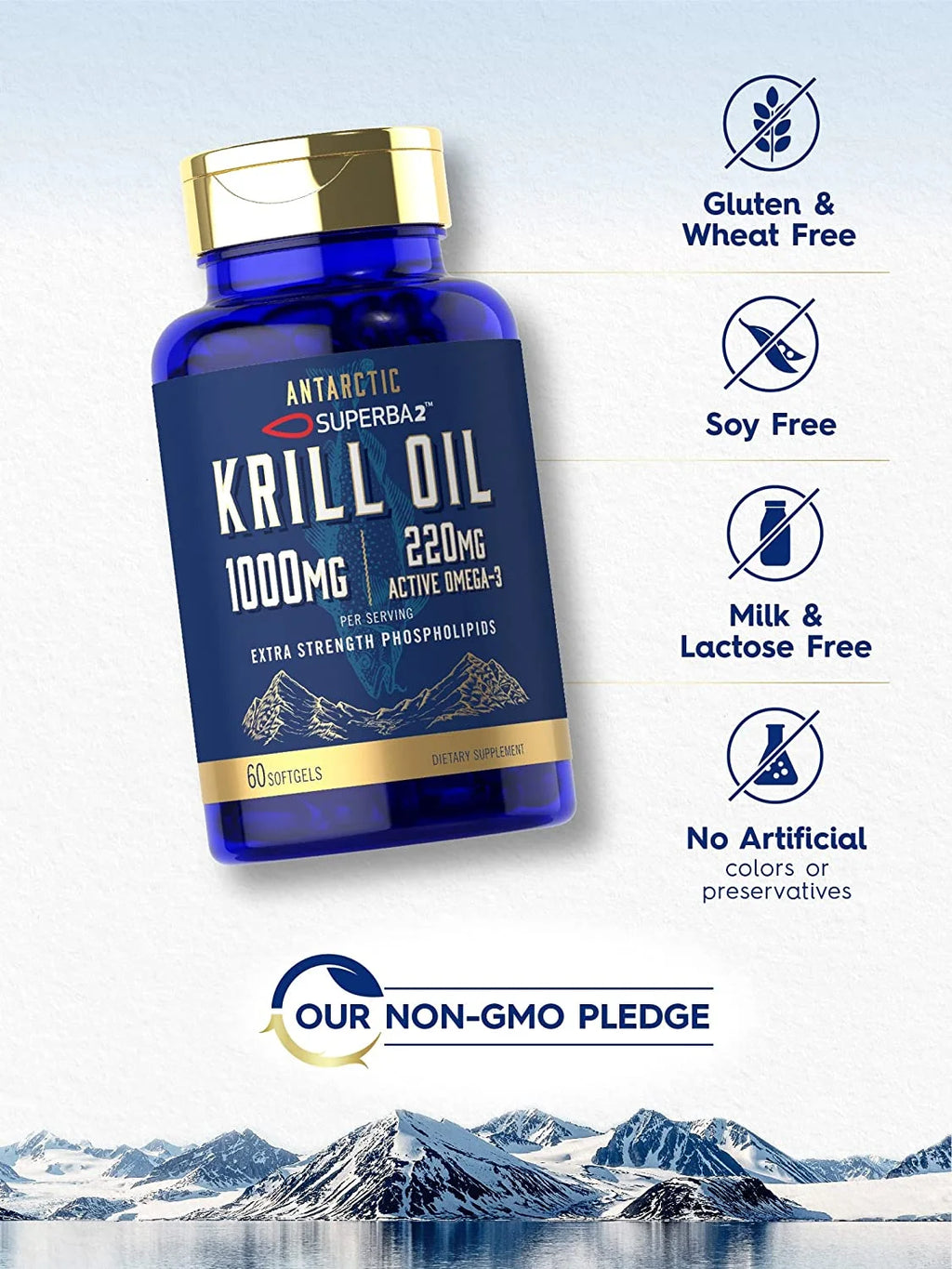 Antarctic Krill Oil 1000Mg Softgels | 60 Count | Superba Krill Oil Supplement | Omega 3, EPA, DHA, Phospholipids