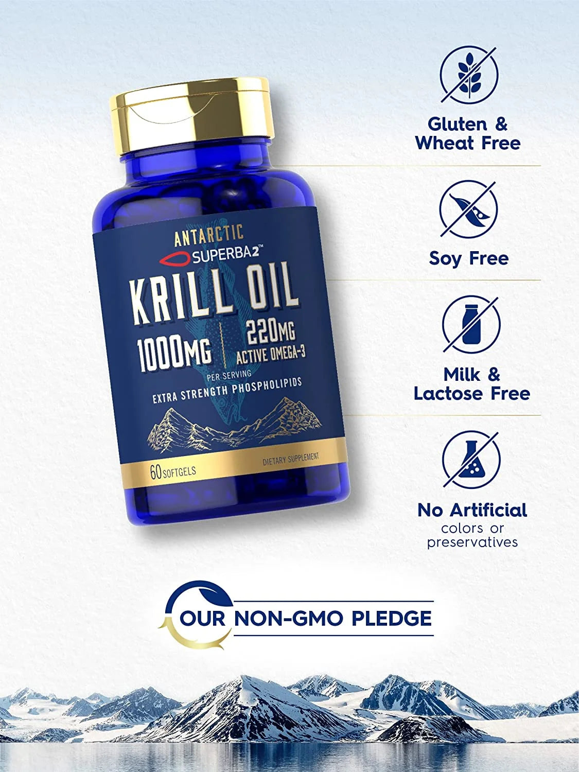 Antarctic Krill Oil 1000Mg Softgels | 60 Count | Superba Krill Oil Supplement | Omega 3, EPA, DHA, Phospholipids