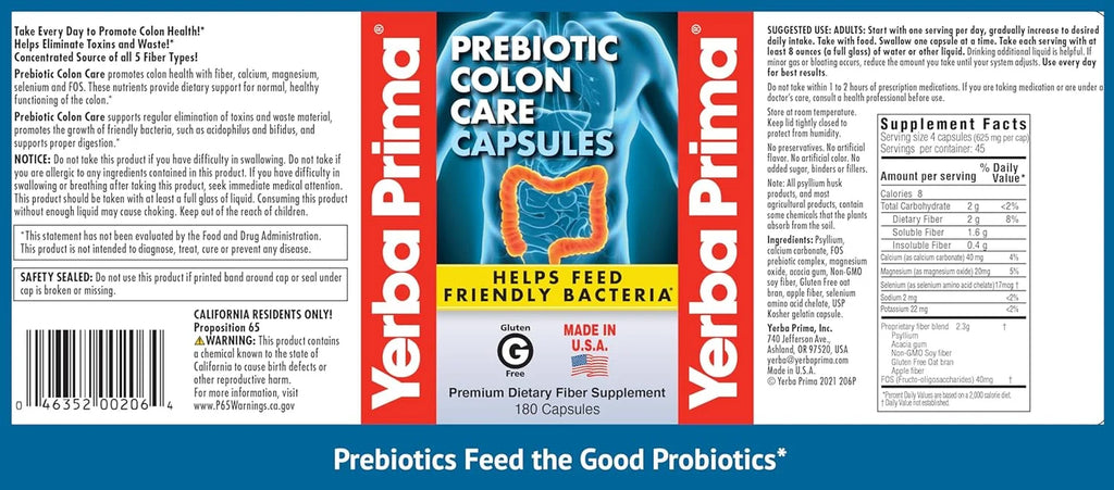 Prebiotics Colon Care Fiber Caps, 180 Capsules - Five Forms of Fiber plus FOS Pre-Biotics - Dietary Health Supplement - Healthy Soluble & Insoluble Fibers for Regularity