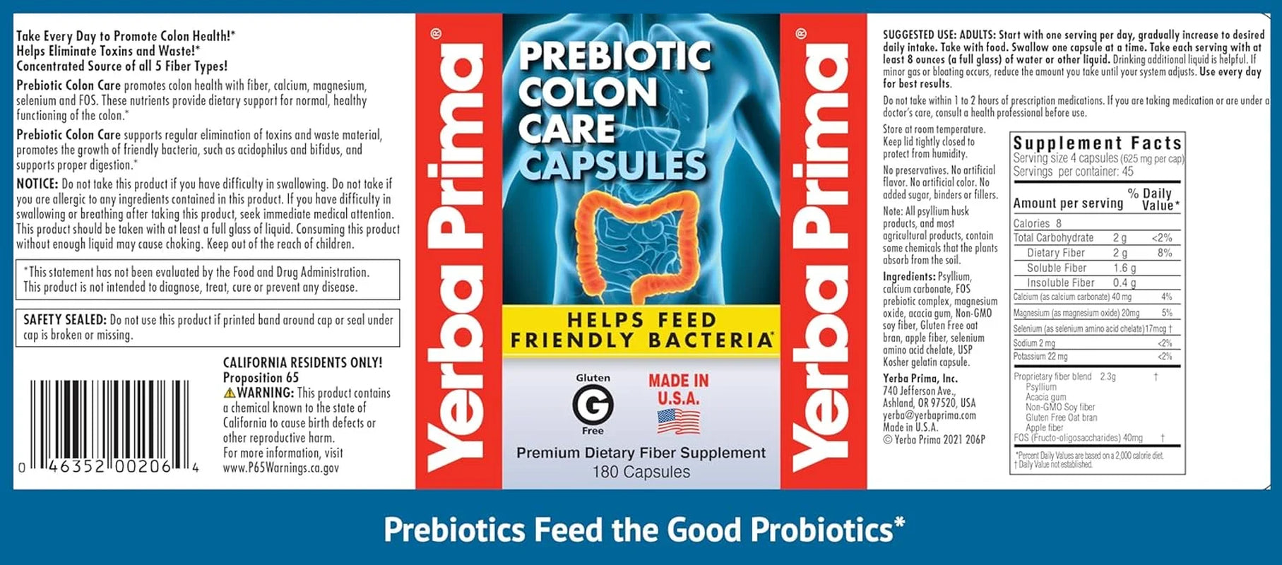 Prebiotics Colon Care Fiber Caps, 180 Capsules - Five Forms of Fiber plus FOS Pre-Biotics - Dietary Health Supplement - Healthy Soluble & Insoluble Fibers for Regularity