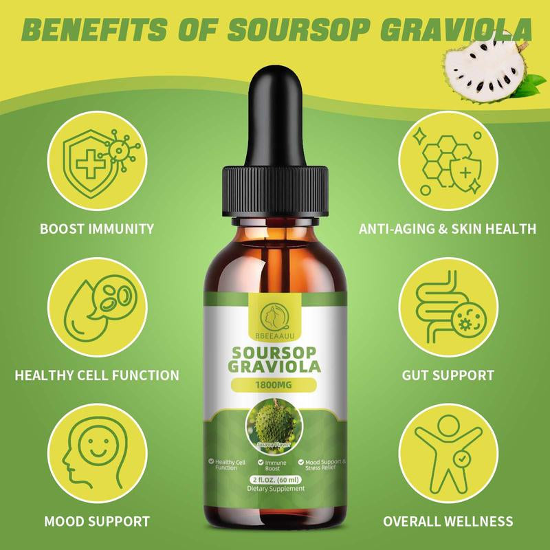 Soursop Herbal Drops Multivitamin, 60Ml, 2 Fl Oz, Organic Soursop Leaf Extract Soursop Oil, Soursop Bitters Liquid, Vitamin, Dietary Fiber