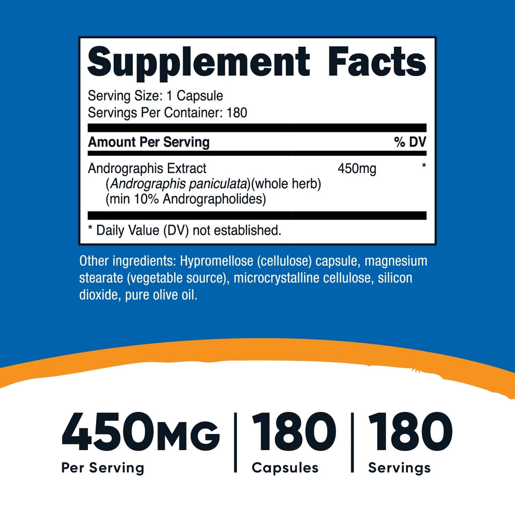 Andrographis Extract 450Mg, 180 Vegetarian Capsules - Non-Gmo & Gluten Free Supplement