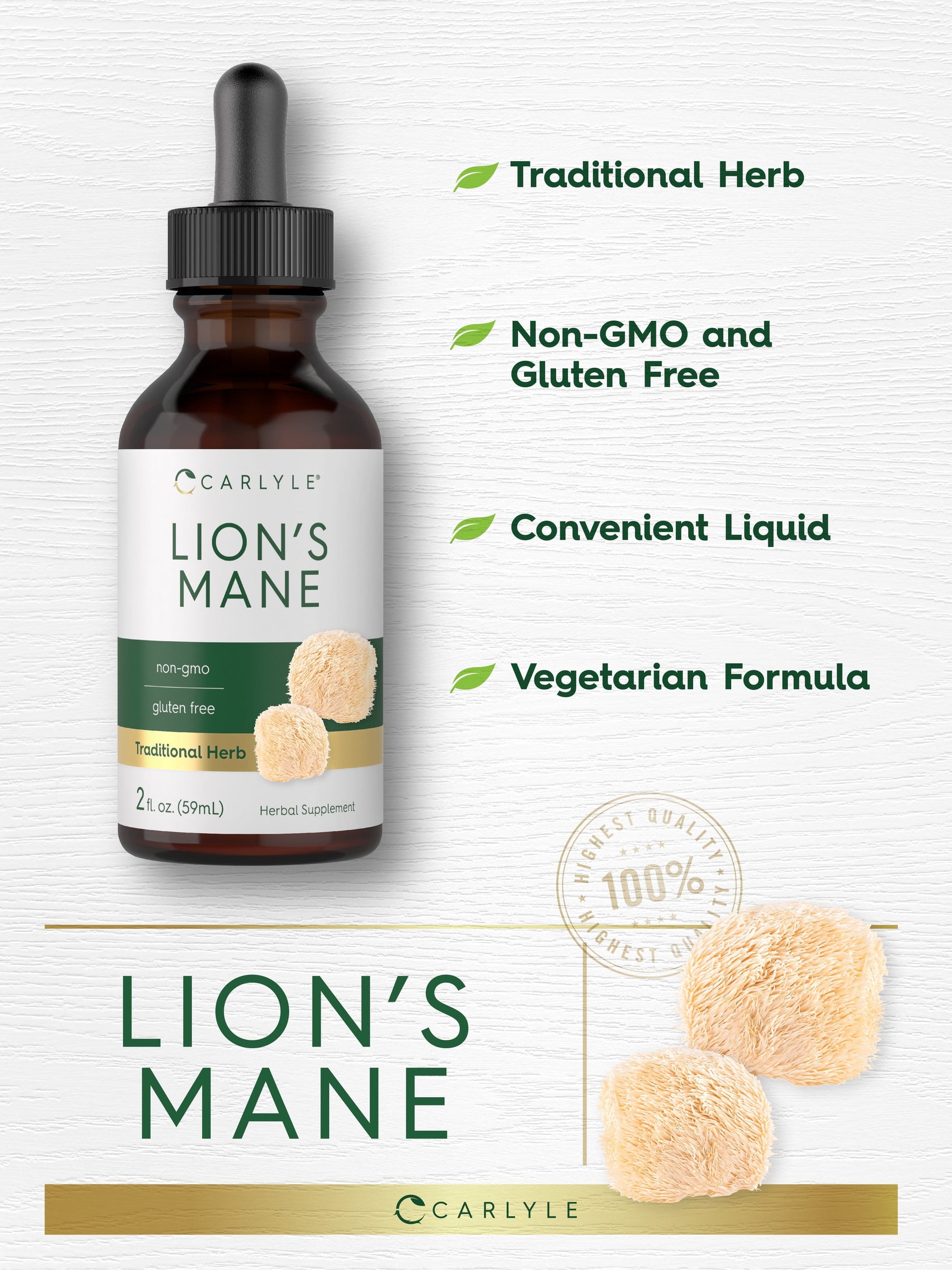 Lions Mane Mushroom Supplement | 2 Fl Oz | Vegetarian | Non-Gmo, Gluten Free | by