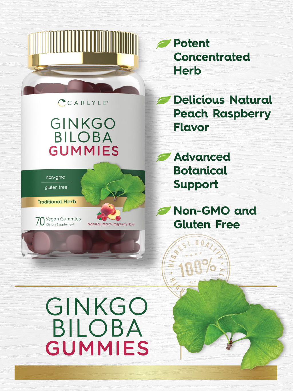 Ginkgo Biloba 300Mg | 70 Gummies | Peach Raspberry Flavor | Vegan Supplement | by