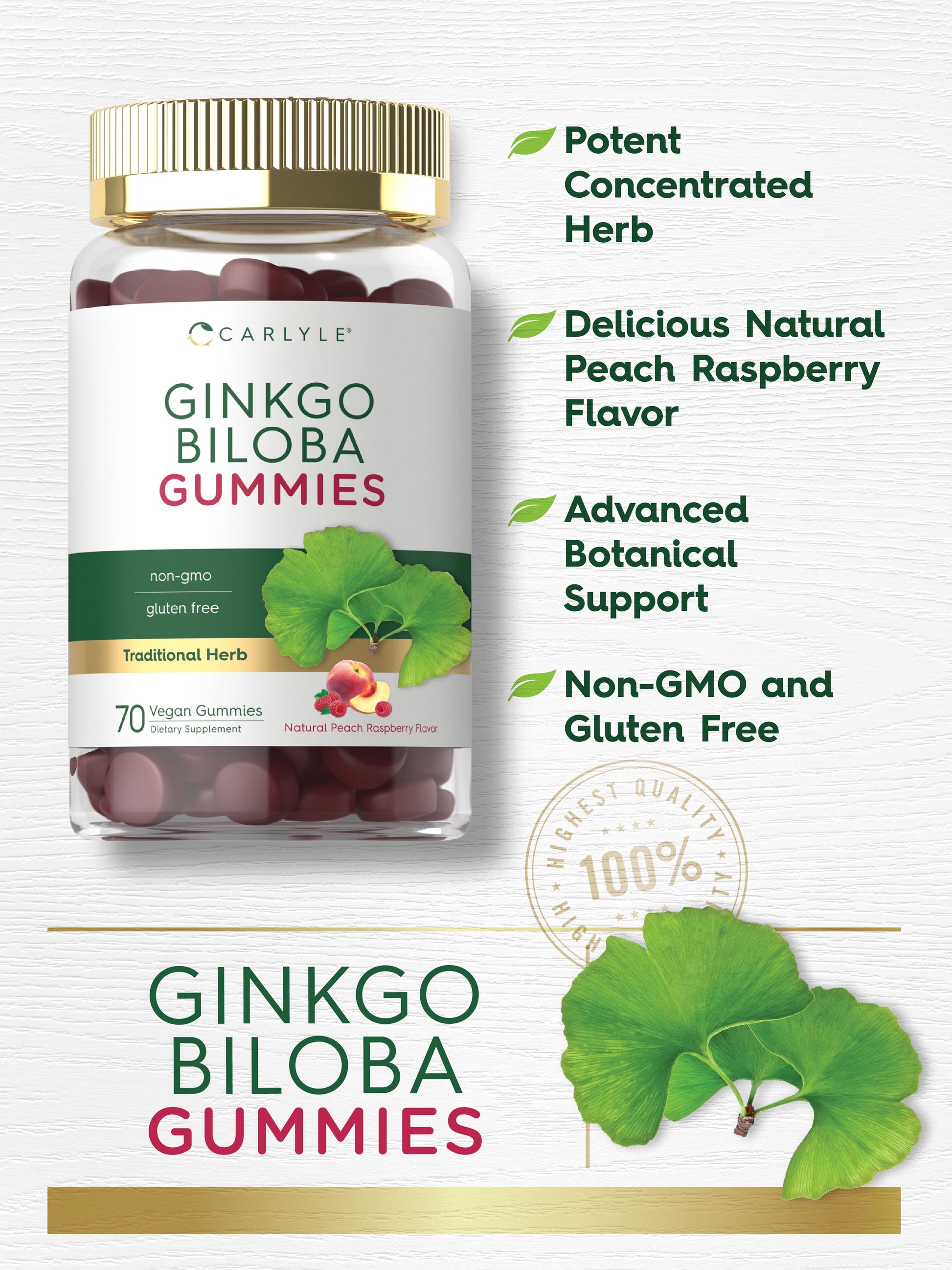 Ginkgo Biloba 300Mg | 70 Gummies | Peach Raspberry Flavor | Vegan Supplement | by